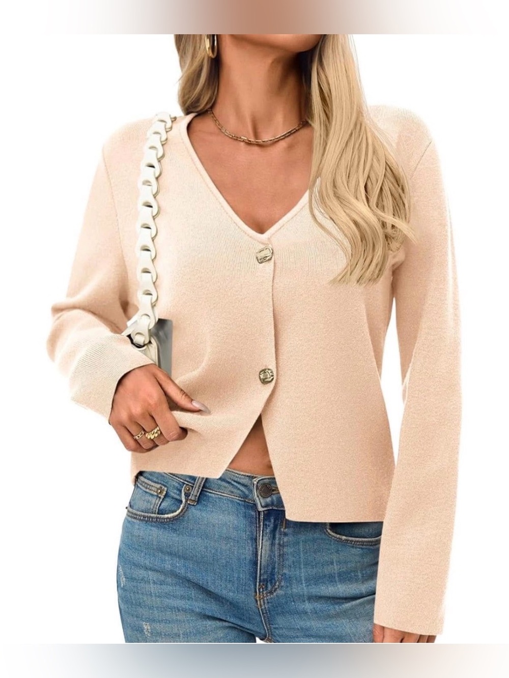 Women's Peach Cream V-Neck Button Front Sweater Cardigan Gold Buttons 3